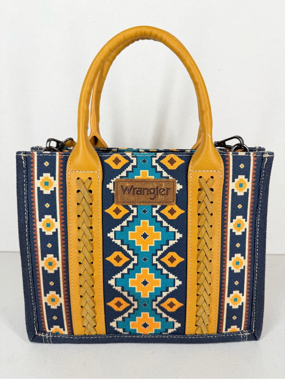Wrangler Western Aztec Tote Bag, Navy Teal Yellow, Detachable Strap, Handles